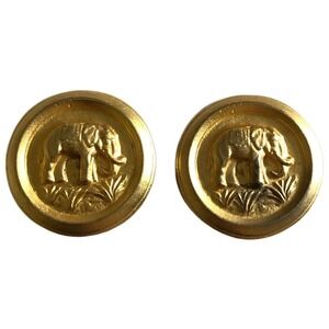 Ellen Designs Clip Button Earrings Brushed Gold Elephant Signed 1980s